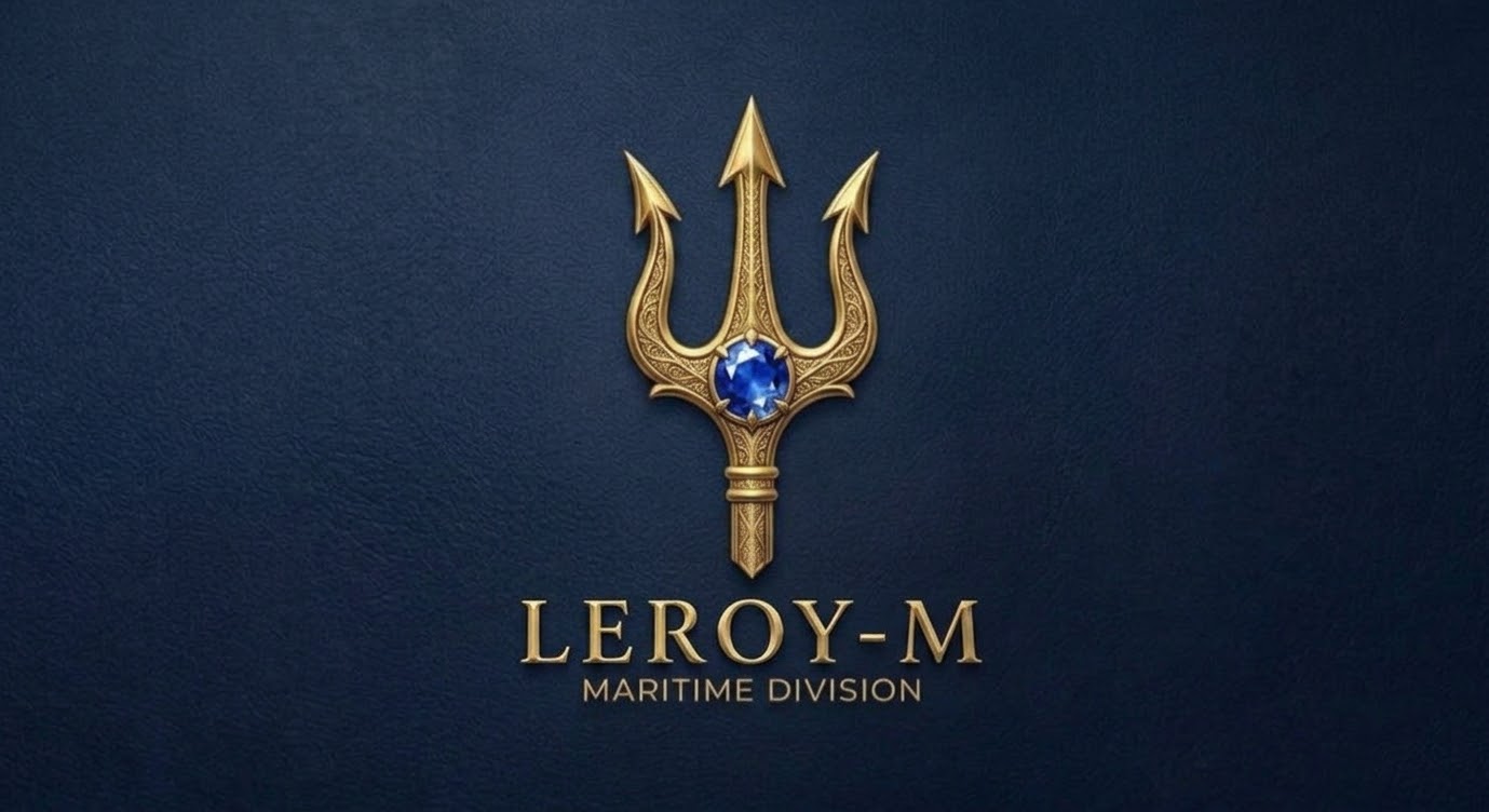 Leroy-M Maritime Division emblem — gold trident with a blue gemstone