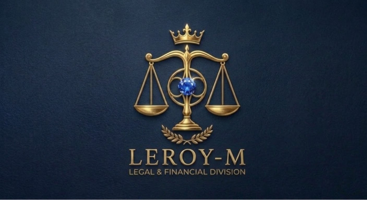 Leroy-M Legal & Financial Division emblem — gold scales with a crown and blue gemstone