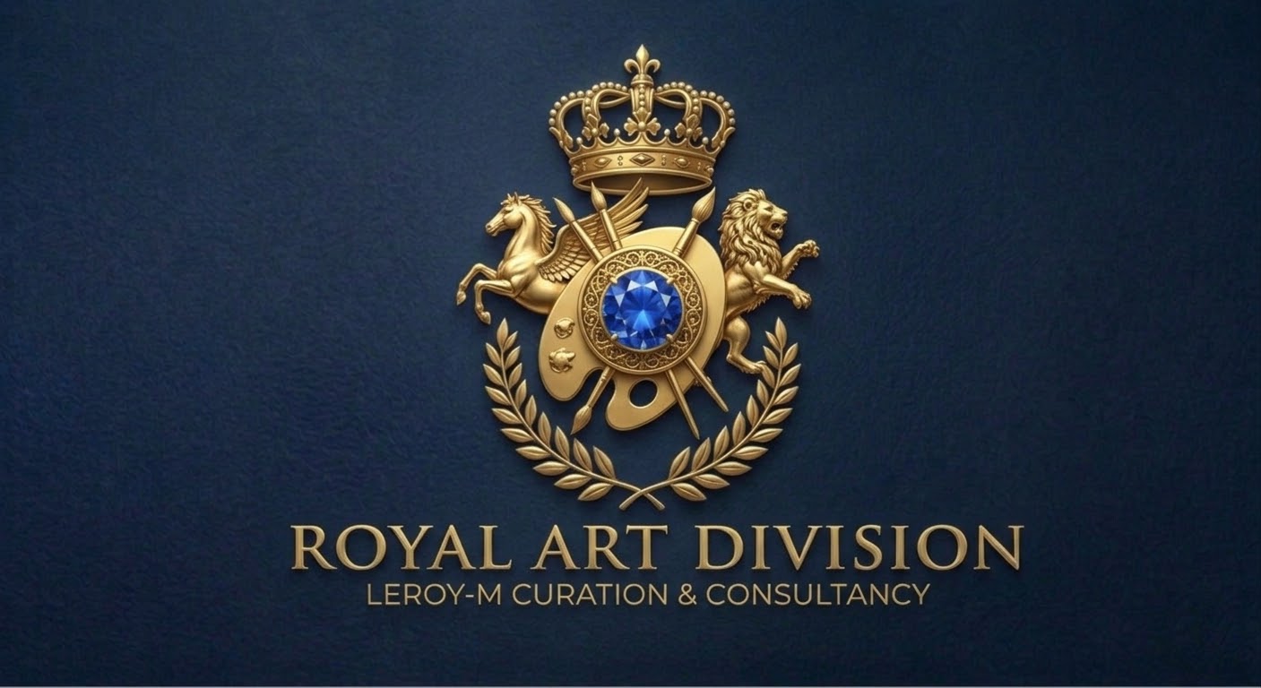 Leroy-M Royal Art Division emblem — crowned gold palette and heraldic creatures with a blue sapphire