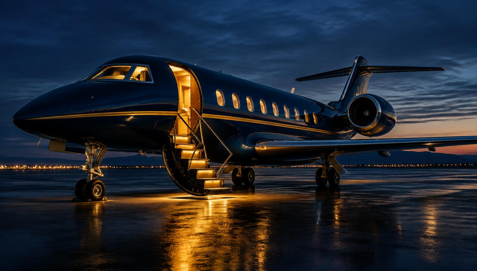 Private business jet on a dark tarmac at blue hour with warm cabin light