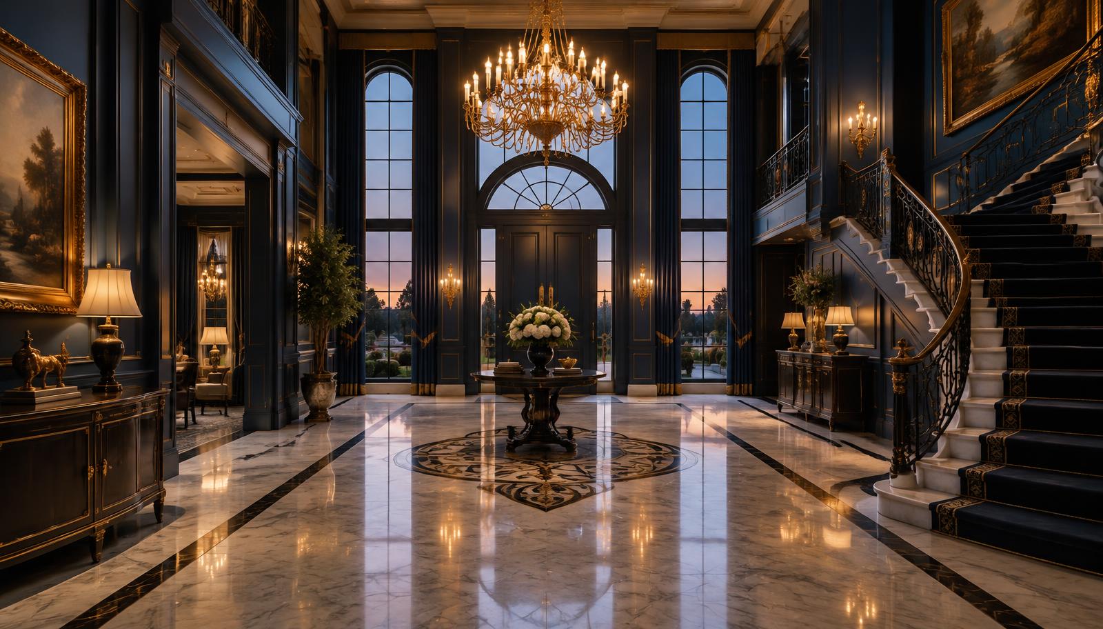 Elegant private estate interior in navy and gold tones