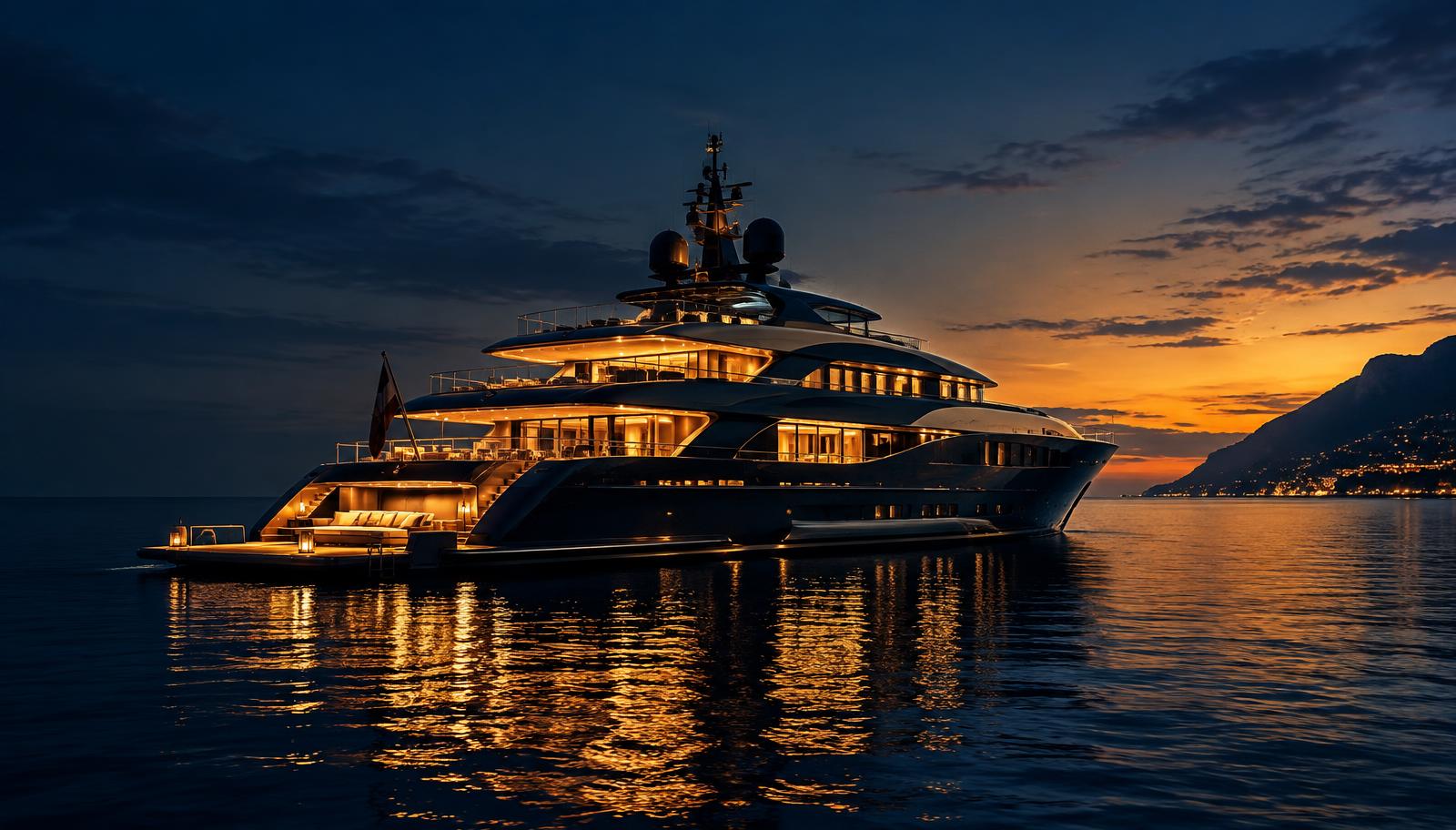 Luxury superyacht at dusk on navy water with golden deck light