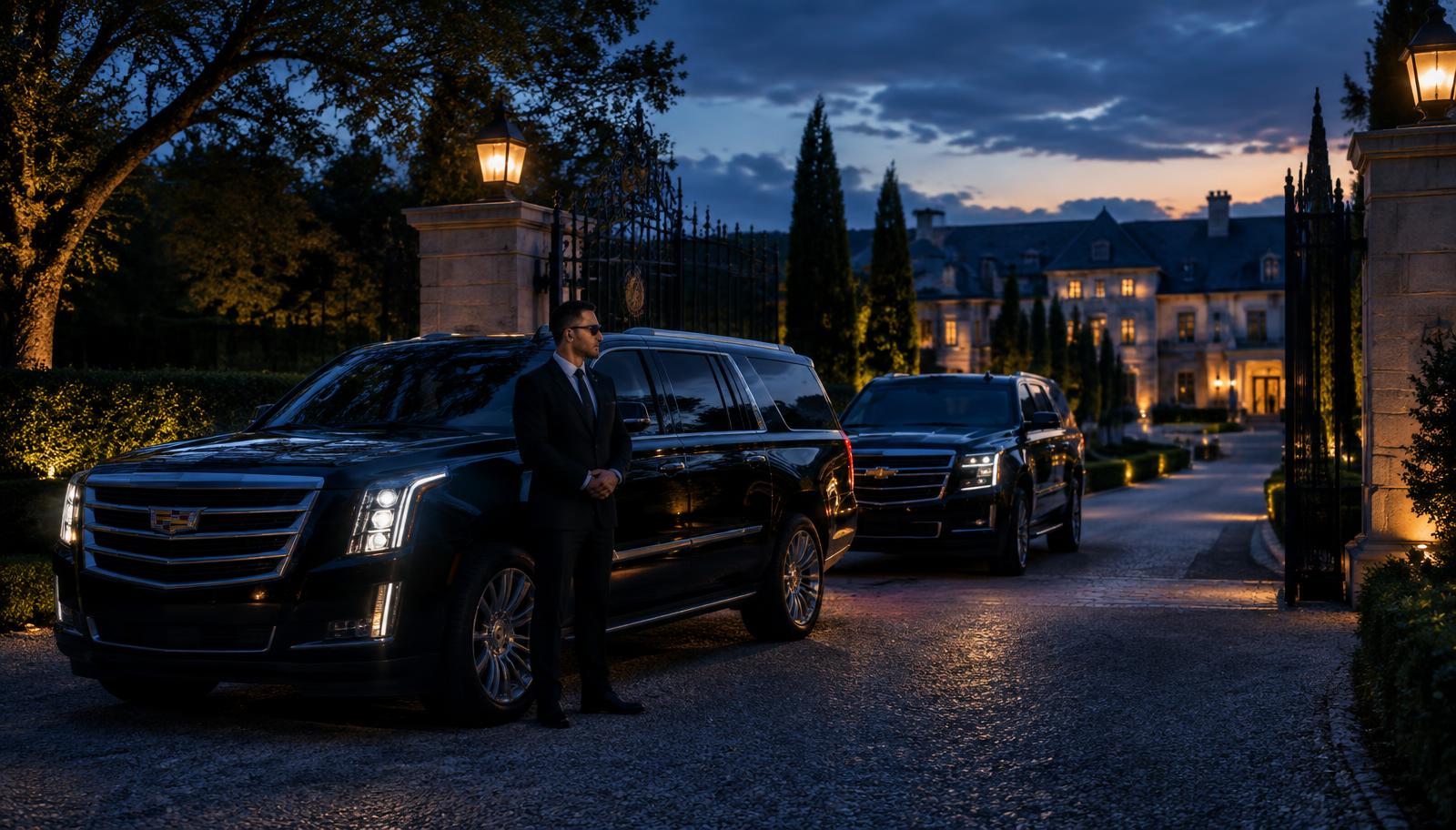 Black luxury vehicles outside a private estate at dusk in navy and gold tones